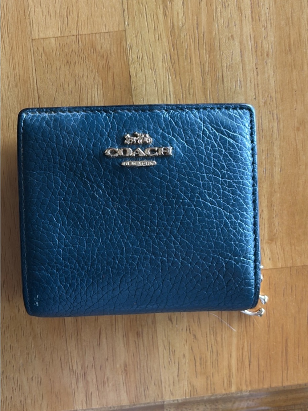Coach Teal Pebbled Leather Zip Wallet with Gold Logo